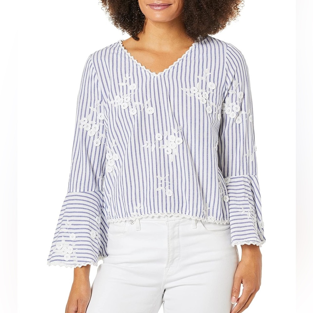 Karen Kane floral embroidered top stripe blue white bell sleeve - Picture 1 of 2